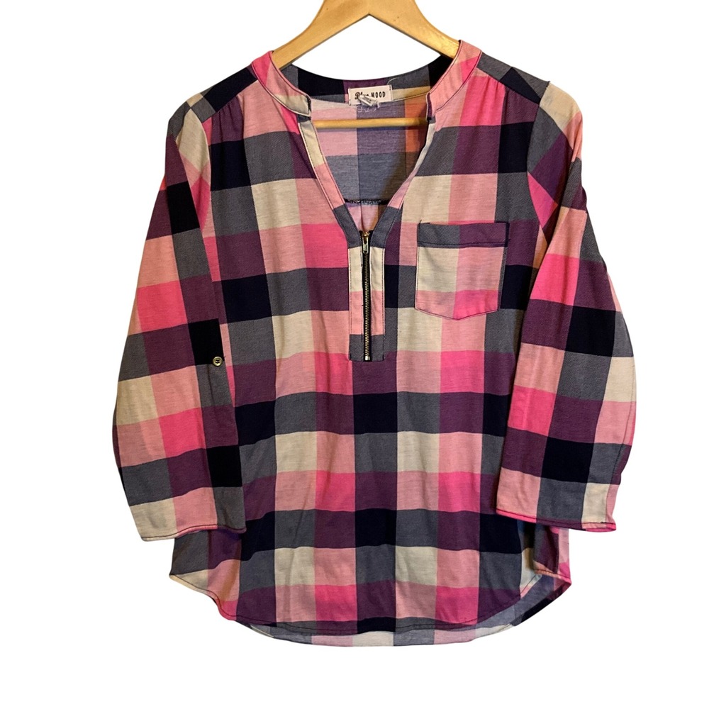 Blue Mood Plaid 1/4 Zip Pullover Shirt Womens M Pink Navy Gray Roll Tab Sleeve